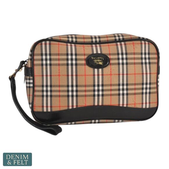 Burberry Vintage Check Canvas & Leather Wristlet Pouch Black Trim Plaid Bag - Picture 1 of 15